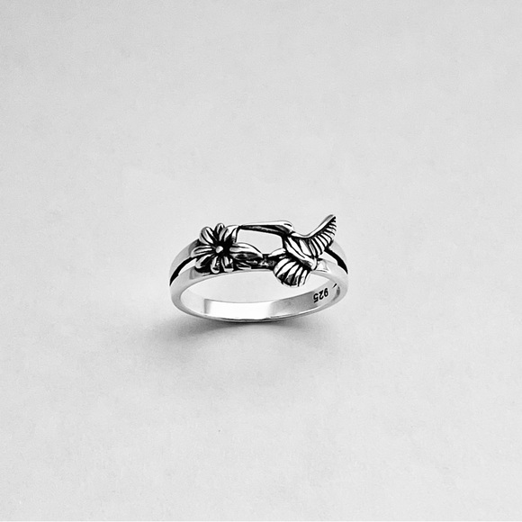 Sterling Silver Flower and Hummingbird Ring, Bird Ring, Silver Rings, Animals - Picture 8 of 14